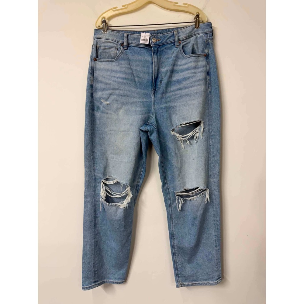 American Eagle 16 Mom Jeans Light Wash Distressed High Rise Stretch Denim